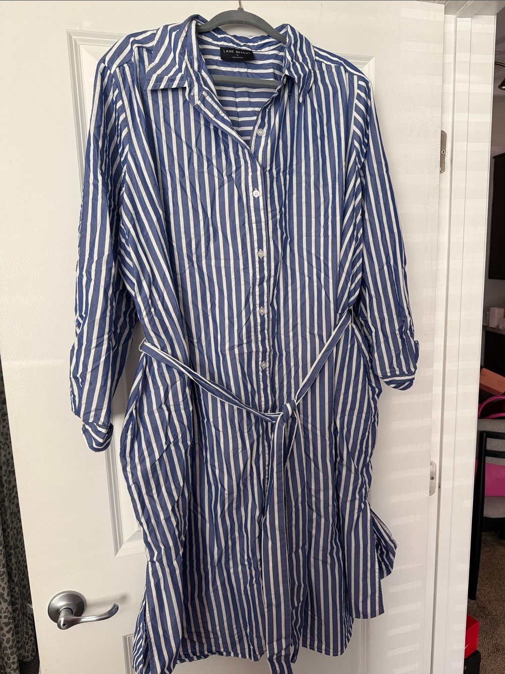 Lane Bryant Blue & White Vertical Stripe Midi Shirt Dress